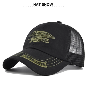 Close-up of tactical camo mesh cap with Navy Seal insignia and premium embroidery
