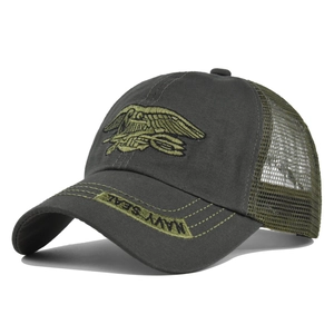 Detail of breathable mesh back and Navy Seal embroidery on camouflage tactical cap