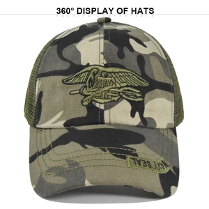 Breathable camo trucker hat with Navy Seal embroidery and mesh back for summer sun protection