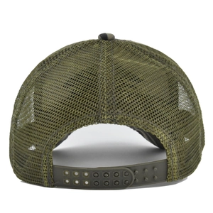 Detail of army green breathable nylon mesh and adjustable snapback on the trucker hat