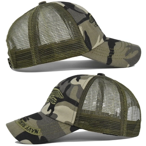 Close-up of the Navy Seal embroidery and mesh texture on the camouflage baseball cap