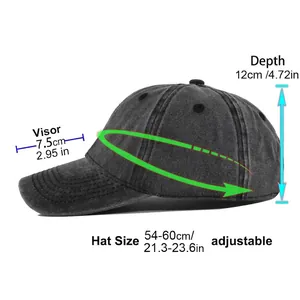 Distressed grey baseball cap with fish print and adjustable strap shown with size guide