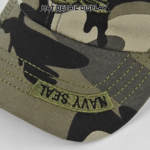 Breathable camo baseball cap with Navy Seal embroidery and reinforced curved brim stitching