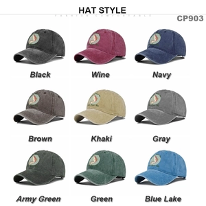 Grid display of nine vintage-style baseball caps in various colors with fish embroidery