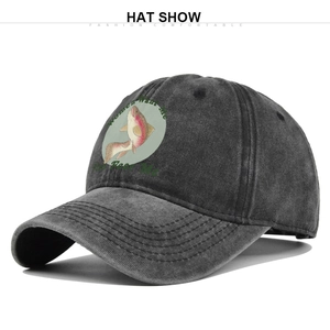 Close-up of vintage washed dark grey cotton baseball cap with fish print and humor text