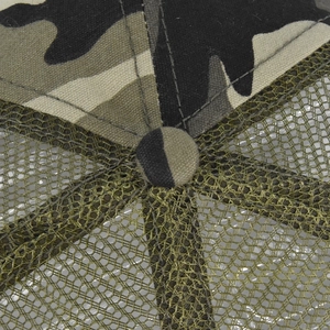 Macro shot of breathable camouflage mesh cap showing reinforced stitching and button detail