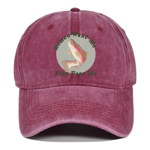 Close-up of vintage washed red baseball cap with embroidered fish and slogan detail