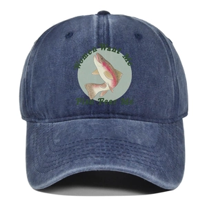 Detail of washed navy baseball cap with Women Want Me Fish Fear Me trout print