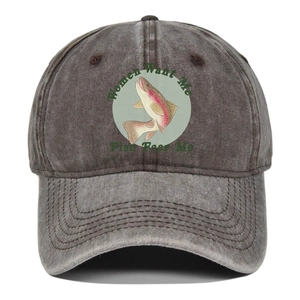 Detail of vintage washed dark gray baseball cap with fish graphic and text embroidery