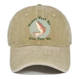 Detail of vintage khaki baseball cap featuring color fish print and humorous typography