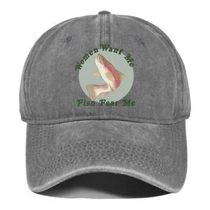 Detail of gray washed cotton baseball cap featuring Women Want Me Fish Fear Me print
