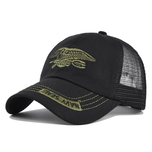 Black mesh tactical baseball cap featuring Navy Seals embroidery and camouflage visor