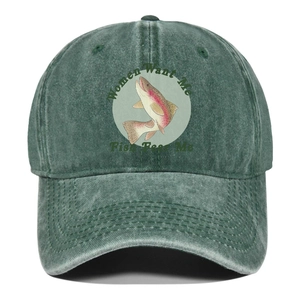 Close-up of printed colorful fish and funny slogan on washed green canvas baseball cap