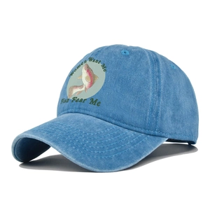 Vintage lake blue baseball cap featuring colorful fish print and fish fear me slogan