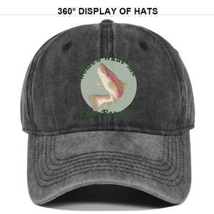 Detailed shot of distressed grey baseball cap with colorful fish print and slogan