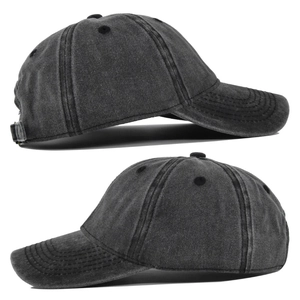 Detail of washed grey cotton baseball cap showing side views and metal buckle adjustment