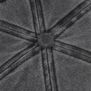 Macro detail of dark grey baseball cap top showing fabric texture and stitched button