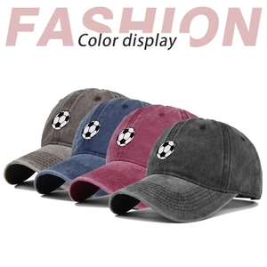 Distressed cotton baseball hats with soccer embroidery in multiple colors and curved brim