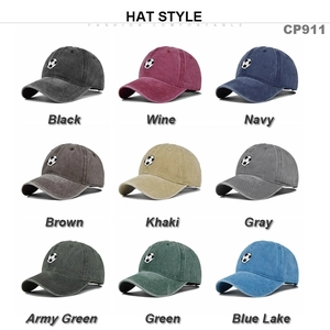 Grid view of washed cotton baseball caps with football embroidery in nine diverse colors