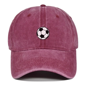 Detailed macro of vintage washed cotton baseball cap with soccer ball print in burgundy