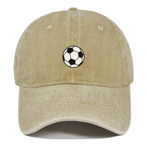 Detail of vintage washed khaki baseball cap with a classic football graphic print