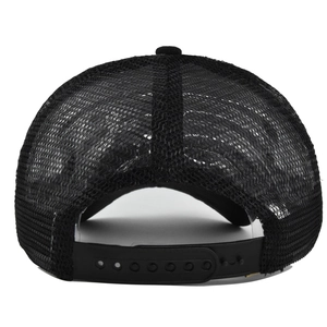 Detail view of the breathable mesh back and adjustable snapback closure on the black cap