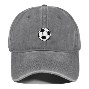 Close-up of vintage washed grey cotton baseball cap with football screen print detail