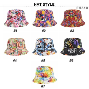 Graffiti bucket hats in various patterns including tie-dye and pineapple for outdoor use