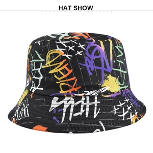 Detailed close-up of graffiti print and stitching on black canvas bucket hat