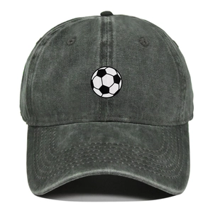 Front close-up of dark gray washed vintage baseball cap with football logo