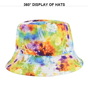 Detailed close-up showing vibrant tie-dye pattern and star prints on cotton bucket hat
