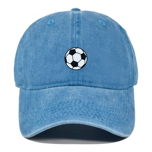 Vintage washed blue denim baseball cap featuring an embroidered classic soccer ball pattern