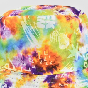 Colorful tie-dye bucket hat with white graffiti prints for outdoor sun protection