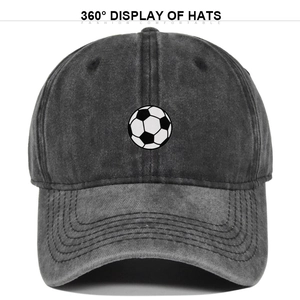 Front view of washed dark gray cotton baseball cap featuring soccer ball print detailing