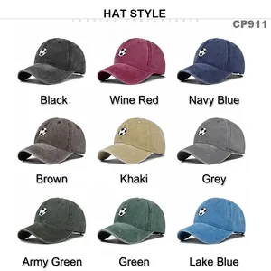 Nine colors of distressed baseball caps with soccer embroidery in a grid layout