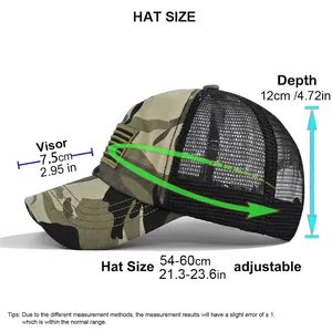 Camouflage baseball hat size guide with dimensions for head circumference and visor length