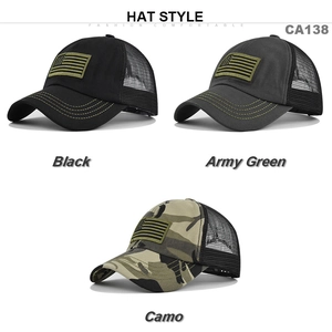 Tactical mesh baseball cap featuring flag patch in black, army green and camo colors