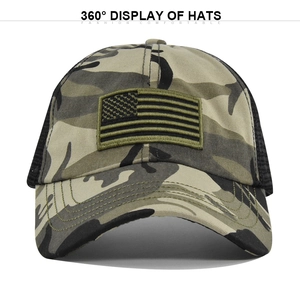 Detailed front view of tactical camouflage baseball cap with embroidered American flag patch