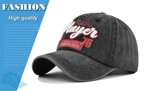 Detail of vintage washed black baseball cap with 3D Player embroidery and textile texture