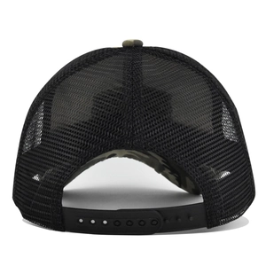 Detail view of the breathable black mesh back and adjustable snapback closure on a camo hat