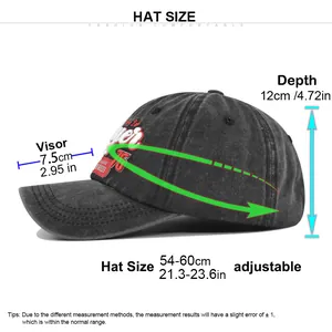 Size chart for adjustable washed baseball cap showing visor length, depth, and circumference