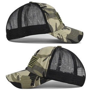Dual view of tactical camo baseball cap with mesh back and USA flag patch details