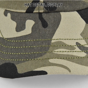Close-up of camouflage baseball cap showing durable canvas texture and reinforced stitching