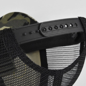 Detail of adjustable snapback closure and mesh back on camouflage baseball cap