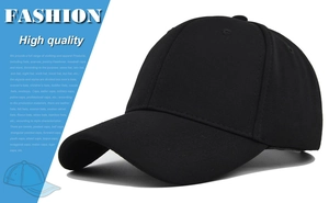 Detailed view of black six-panel baseball cap showing durable cotton twill texture