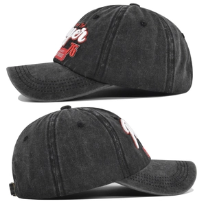 Detailed side view of vintage washed denim baseball cap with 3D PLAYER embroidery and number 75