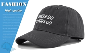 Detailed close-up of WHERE DO CLOUDS GO white embroidery on a charcoal grey baseball cap