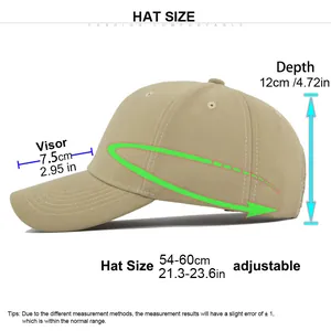 Detailed size chart for solid color baseball cap showing brim depth and adjustable strap