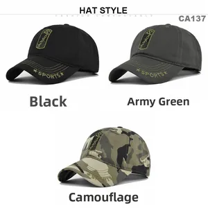 Detail of baseball caps in black, army green and camouflage with SPORTS embroidery