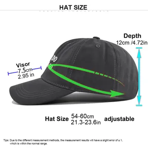 Größentabelle für Baseballkappen mit 7,5 cm Schirm und verstellbarem Kopfumfang von 54-60 cm